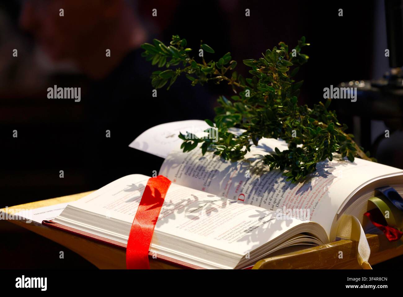 Chiesa collegiata di Saint-Jacques. Un libro liturgico aperto con rami verdi e segnalibri a nastro, utilizzato durante un servizio religioso. Foto Stock