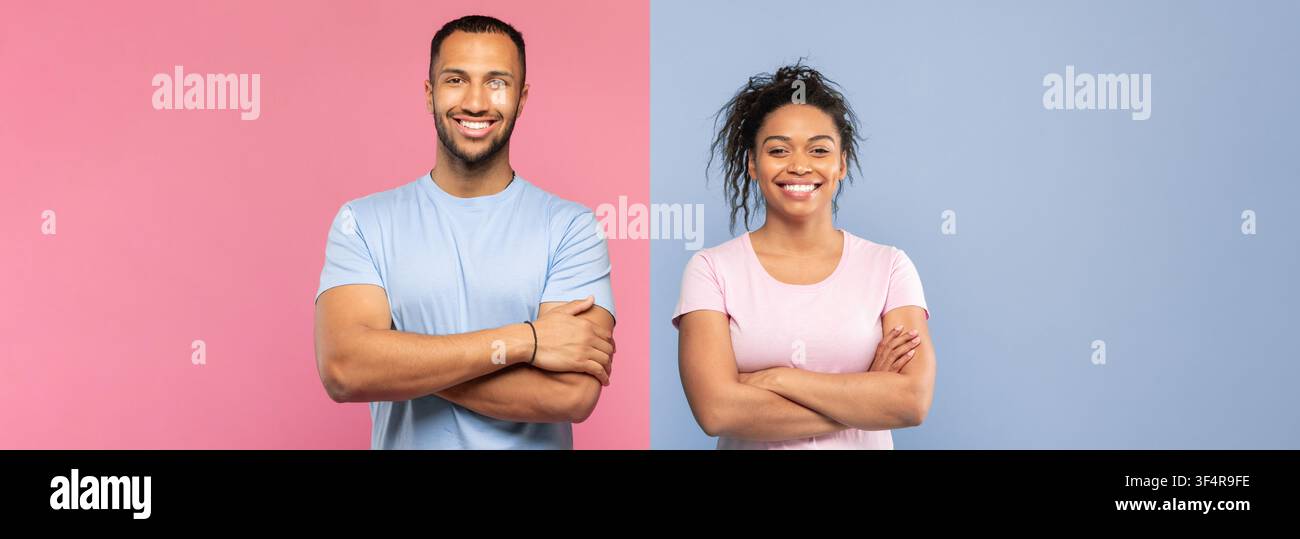 Uomo e donna di razza mista sorridenti in piedi con le braccia incrociate, sfondo rosa e blu Foto Stock