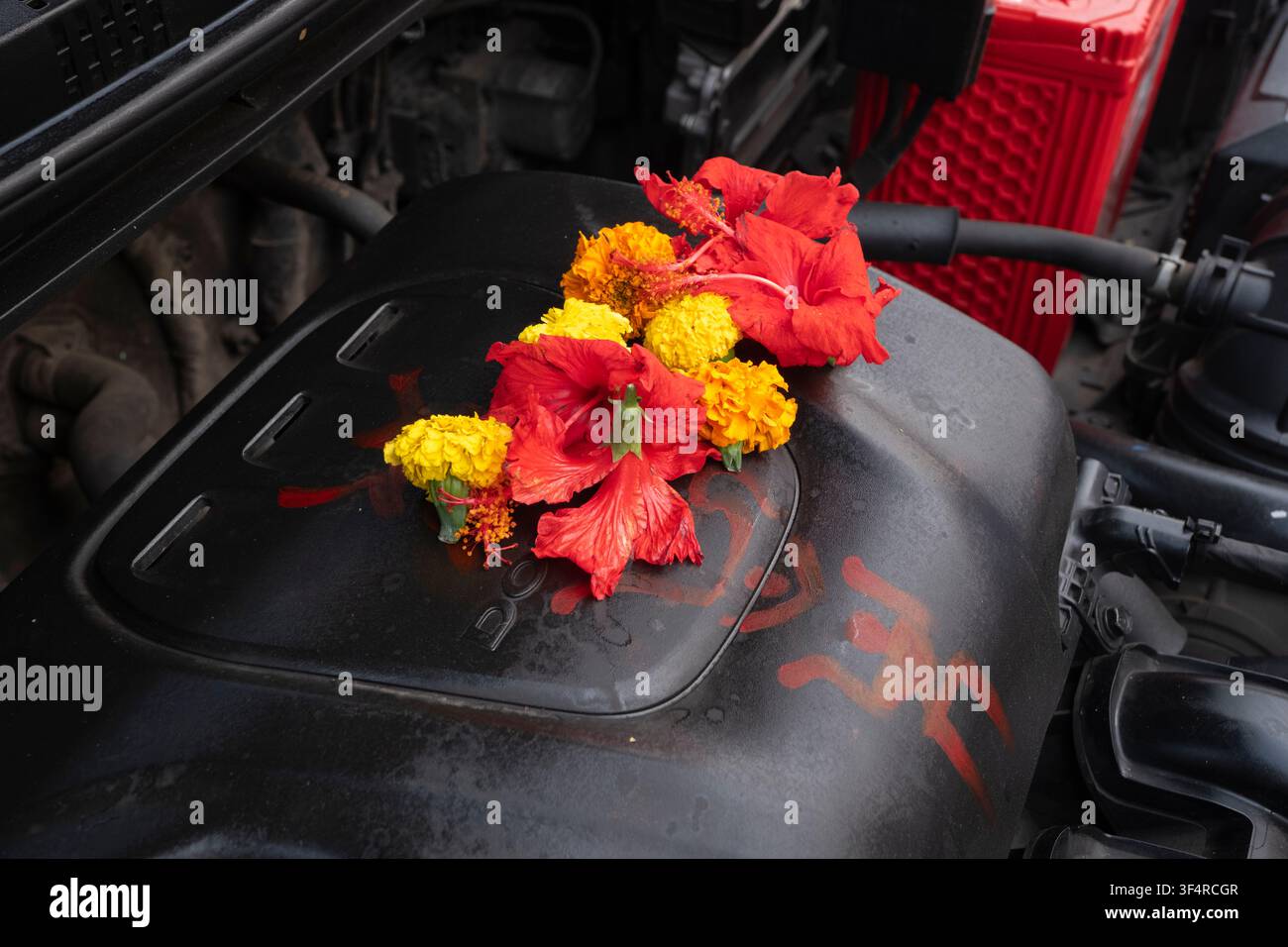 Fiori di ibisco e di calendula posti sul vano motore di un veicolo adornato con un simbolo swastica. Kolkata, Bengala Occidentale, India. Foto Stock