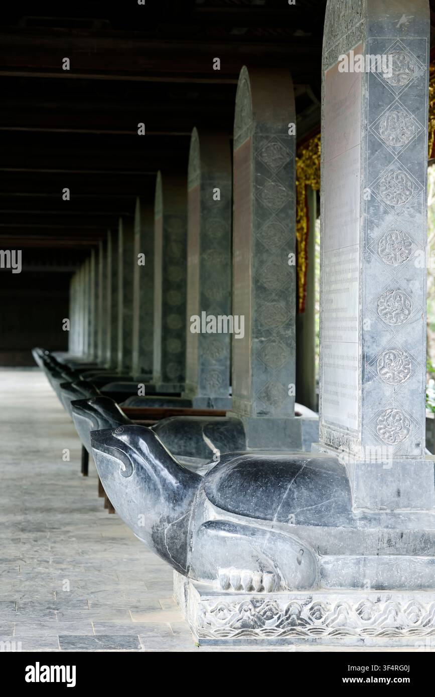 Pagoda di Bai Dinh. Galleria di stele commemorative. Il Viale delle Tartarughe di Pietra. La tartaruga simboleggia longevità, saggezza e il sostegno del mondo. Foto Stock