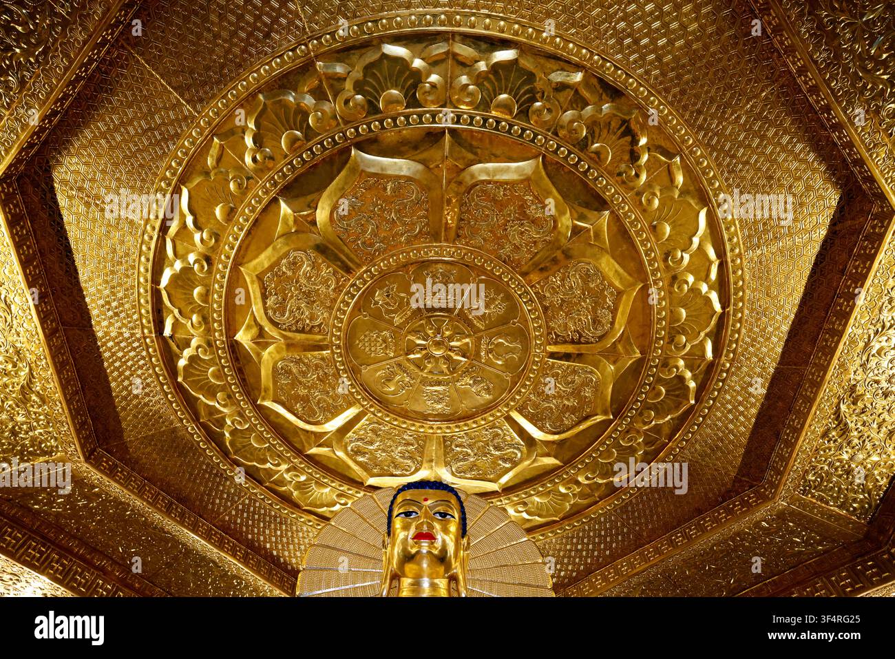Pagoda di Bai Dinh. Interno di un tempio buddista con una statua dorata di Buddha. Il soffitto è decorato con motivi simbolici intricati, tra cui Foto Stock