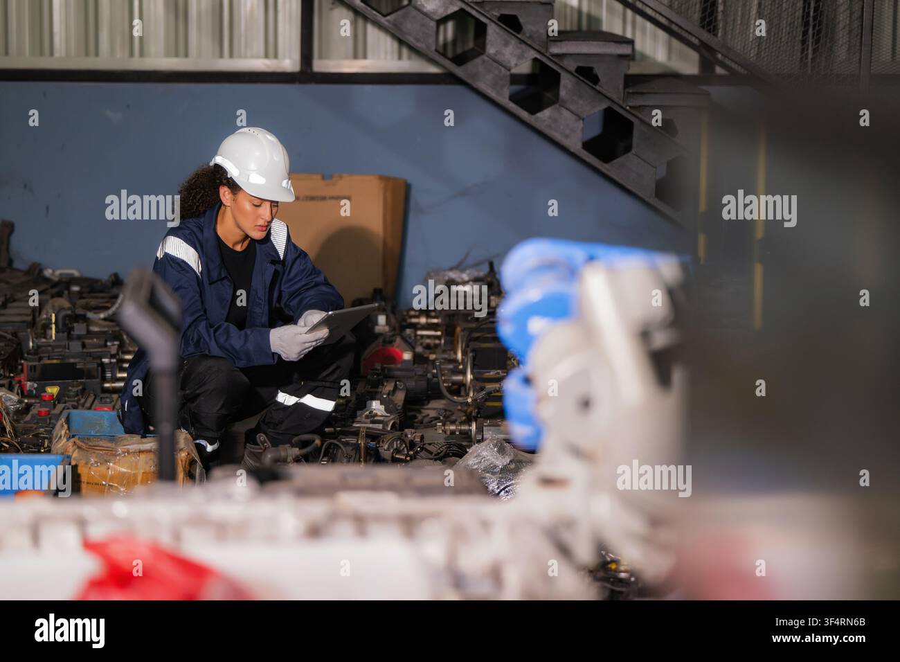 Tecnica donna che utilizza un tablet digitale per controllare l'inventario dei ricambi per servomotori elettrici in un magazzino industriale. Concetto di sistema di controllo delle scorte, in Foto Stock