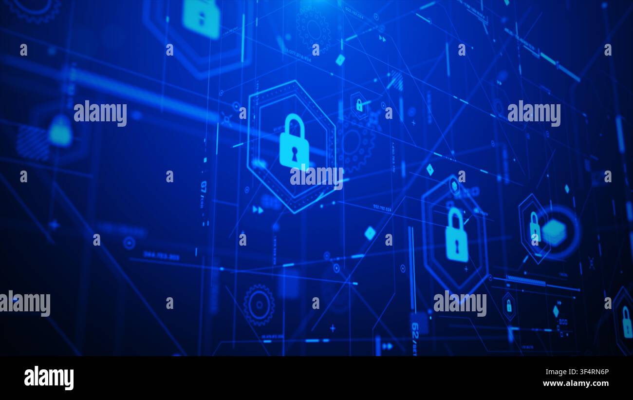 Renderizzazione 3D di scena HUD di sicurezza informatica con serrature digitali a strati, linee di dati fluenti e pannelli di rete futuristici, progettati per visuali high-tech, IA Foto Stock
