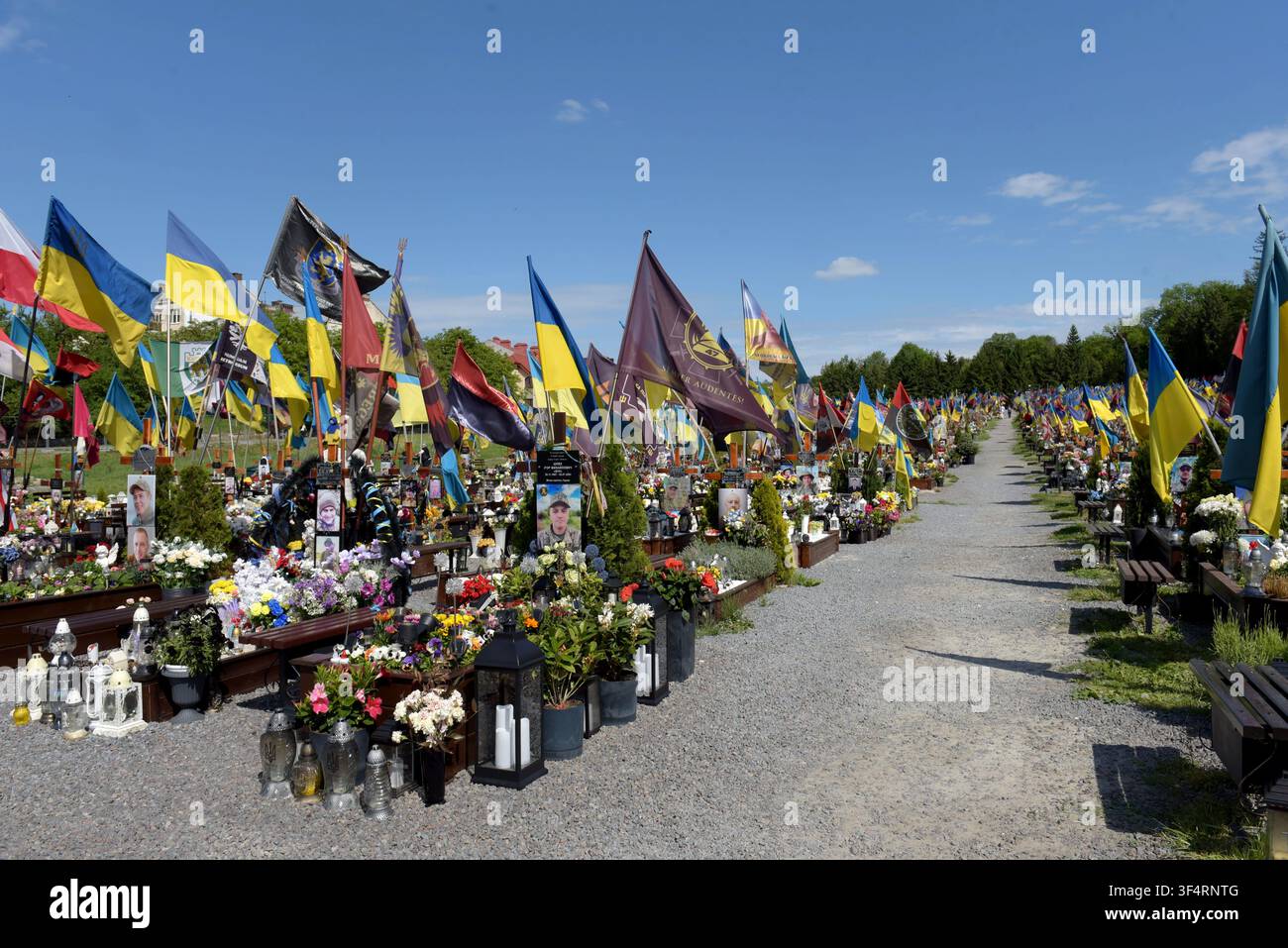 Campo di Marte, ex memoriale di guerra del cimitero di Lychakiv, che ora ospita oltre 1000 tombe di soldati di Leopoli uccisi dall'invasione russa. Maggio 2026 Foto Stock