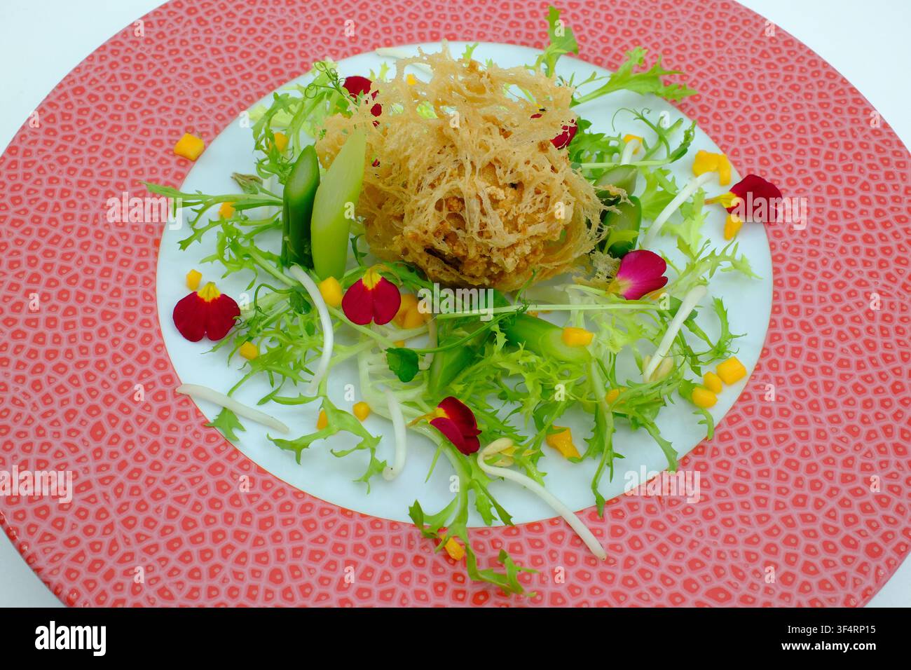 Una creazione culinaria asiatica presenta un'insalata croccante con asparagi, mango, germogli, verdure e petali di fiori commestibili. Foto Stock