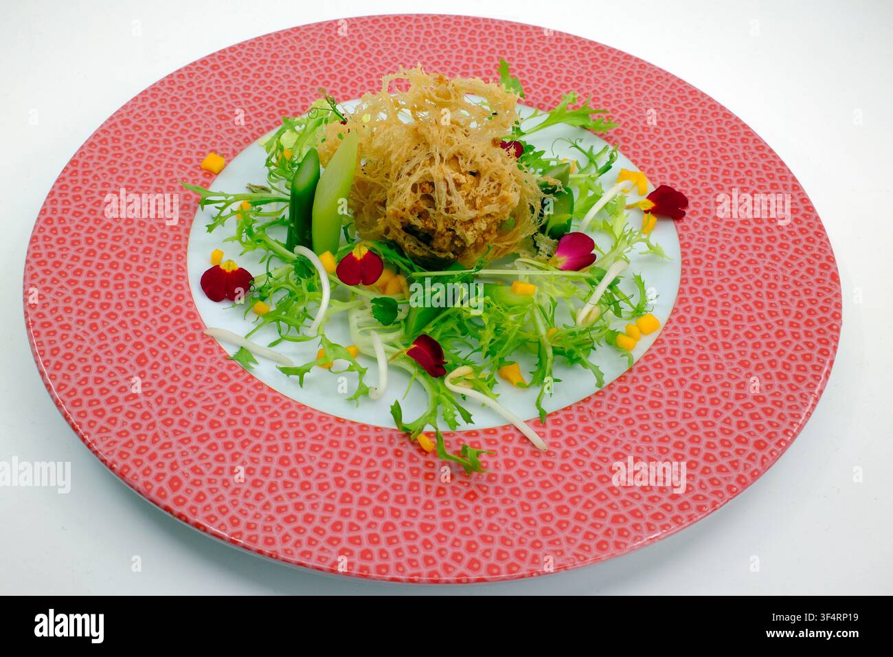 Una creazione culinaria asiatica presenta un'insalata croccante con asparagi, mango, germogli, verdure e petali di fiori commestibili. Foto Stock