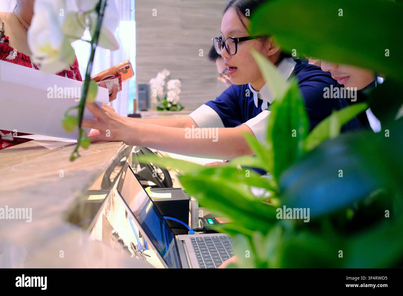 Hoa Lu, Vietnam. Una giovane donna con gli occhiali lavora a una scrivania, interagendo con un cliente mentre utilizza un laptop e un cellulare. Foto Stock