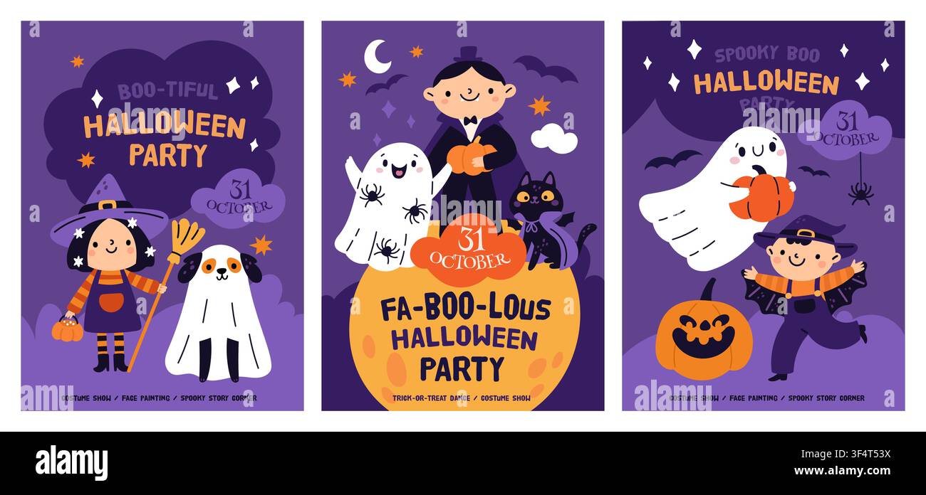 Biglietti per feste di Halloween per bambini. Simpatici fantasmi di bambini, zucca e strega, vampiro e gatto nero, modelli di inviti per eventi, design di poster festivi per eventi Illustrazione Vettoriale