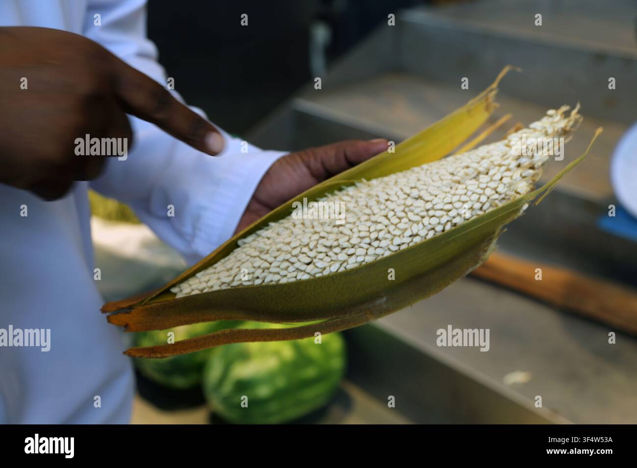 Uomo omanita che indica una capsula di palma da datteri in un souk di frutta e verdura a Mutrah, Sultanato dell'Oman Foto Stock