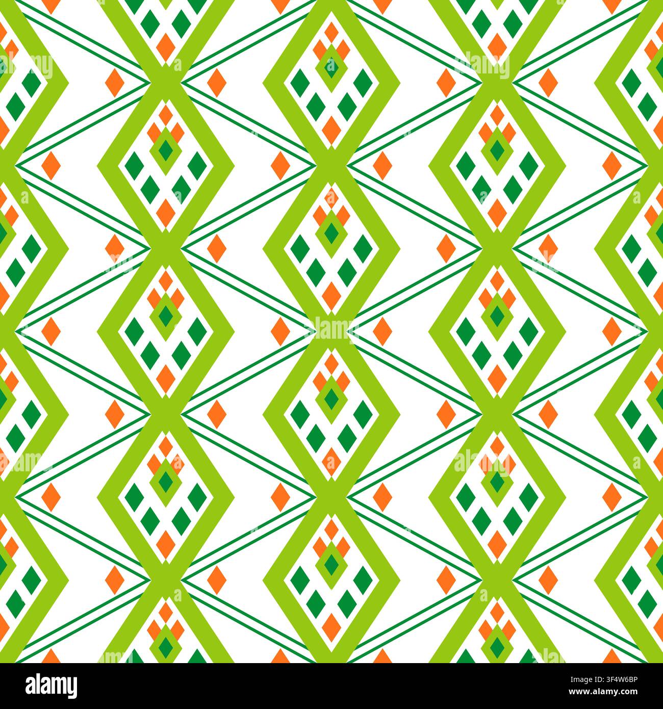 Modello etnico geometrico senza cuciture. Ornamento a mosaico di rombi. Verde arancione su sfondo bianco Illustrazione Vettoriale