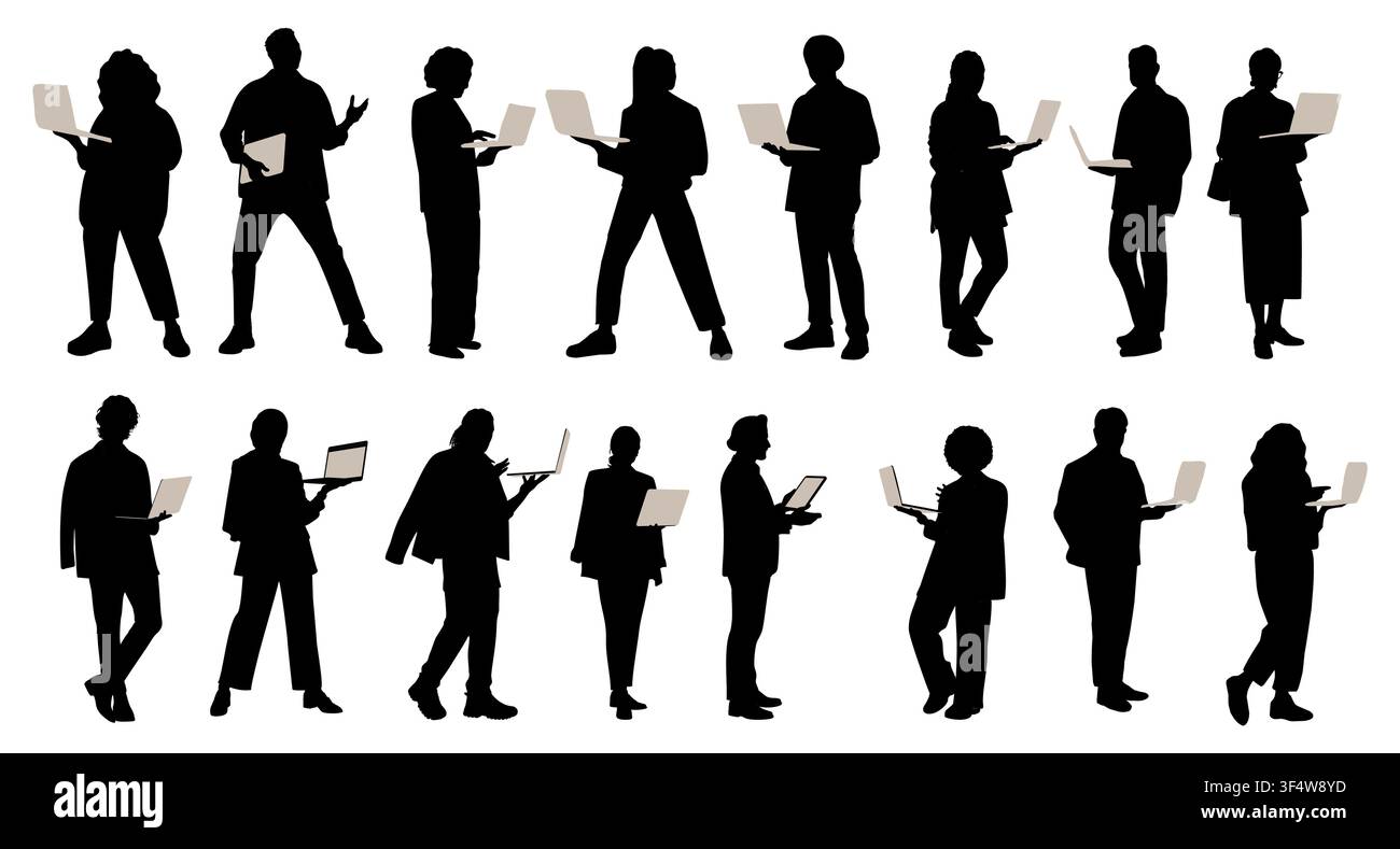 Silhouette di persone di affari diverse che utilizzano un laptop Illustrazione Vettoriale