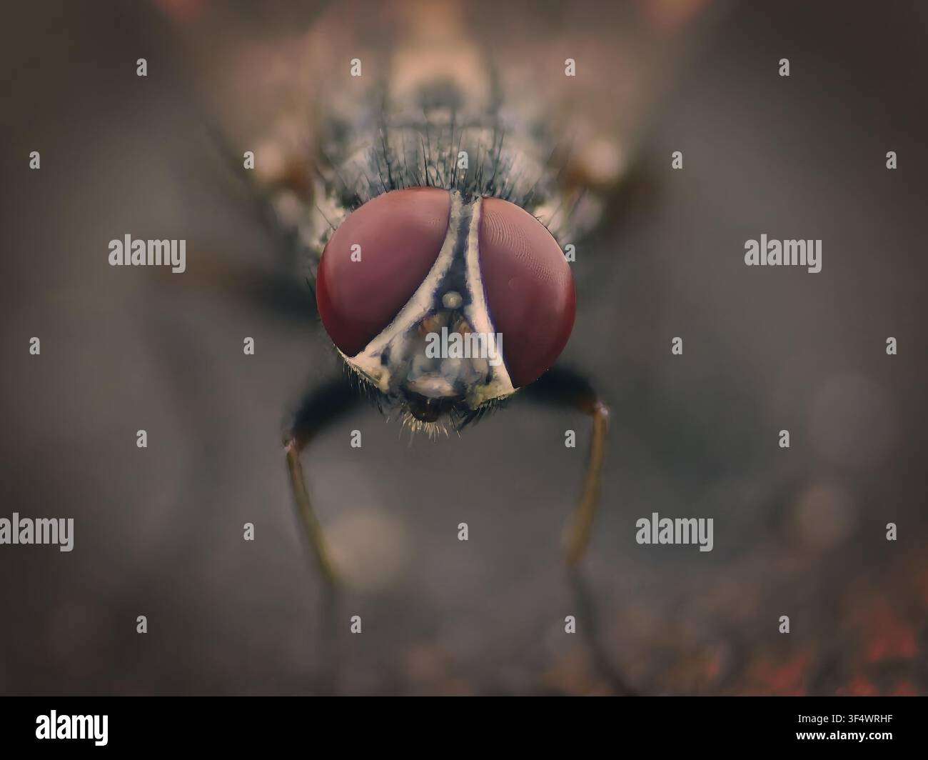 Portrait macro in primo piano estremo che mostra gli occhi rossi composti e l'anatomia dettagliata della testa di una mosca domestica Foto Stock