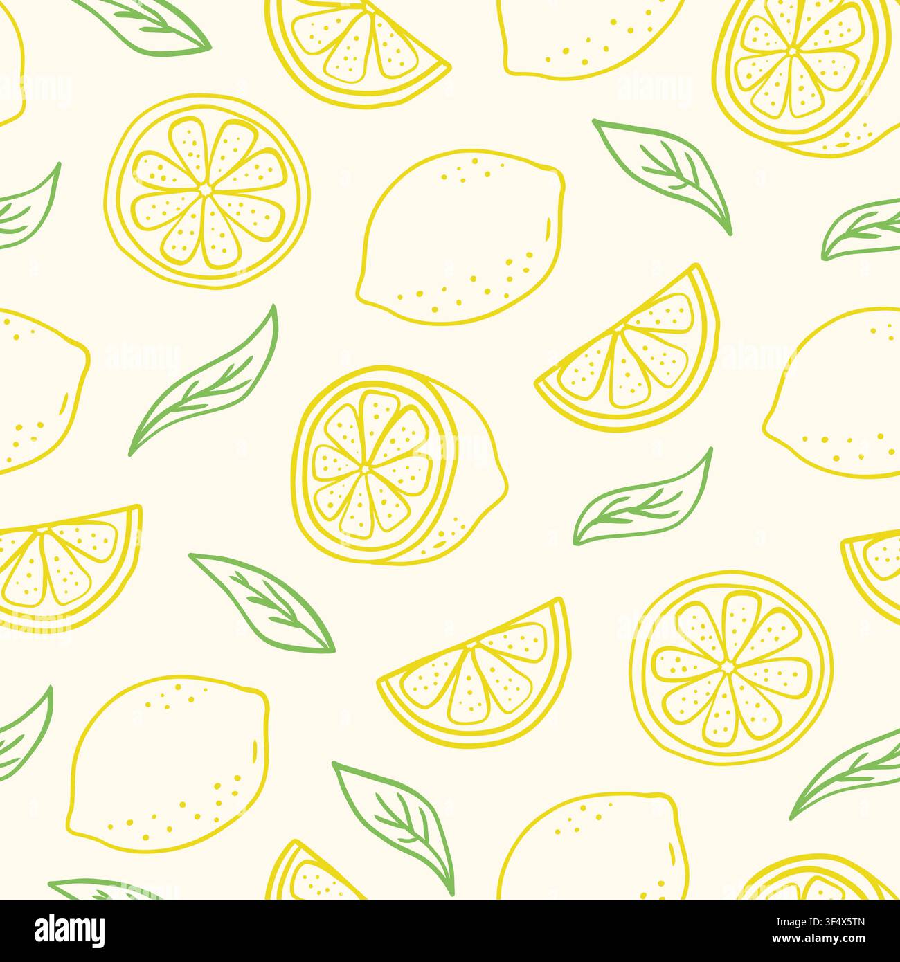 Modello senza cuciture con limoni interi e affettati disegnati a mano, foglie verdi su uno sfondo beige chiaro. Illustrazione vettoriale Illustrazione Vettoriale