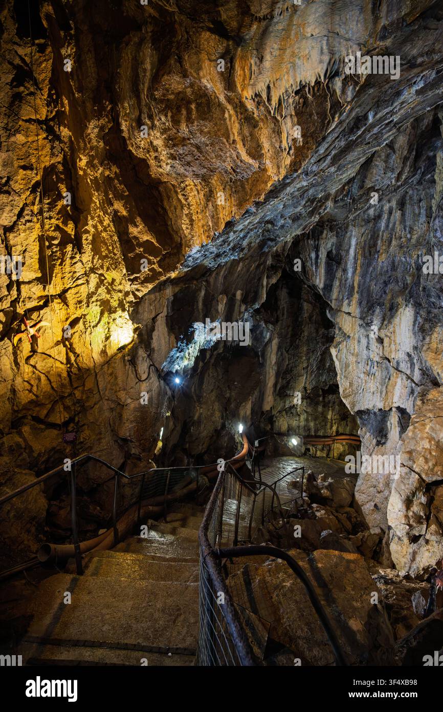 Stalattiti delicate pendono sopra una ripida scala per i visitatori che si snoda attraverso l'imponente camera illuminata della Caverna di Aladdin nella Caverna di Treak Cliff Foto Stock