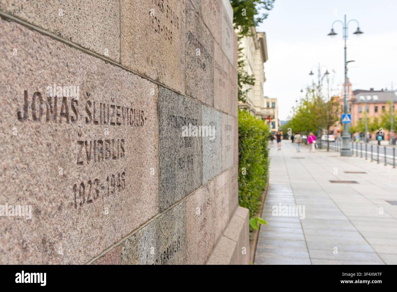 Nomi di persone perite durante l'occupazione e la lotta per l'indipendenza sul muro del museo dell'occupazione a Vilnius, Lituania Foto Stock