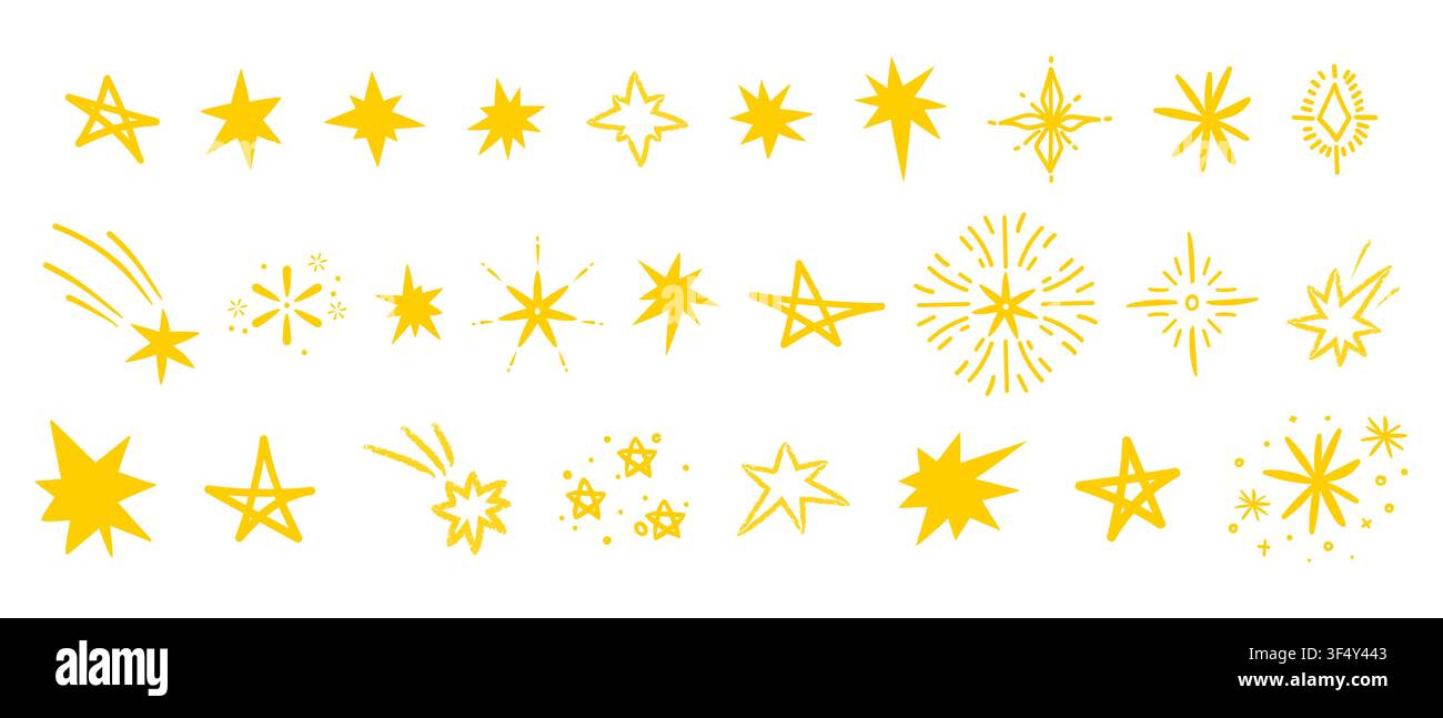 Schizzi di stelle disegnati a mano scintillanti con effetti di luccichio e brillantezza. Icone di arte lineare con scintille magiche, elementi luccicanti e luce decorativa Illustrazione Vettoriale