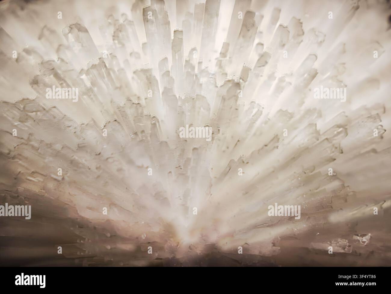 Prima vista di una formazione minerale cristallina bianca con crescita cristallina a forma di aghi radianti, che mostra trame geologiche intricate e motivi naturali Foto Stock