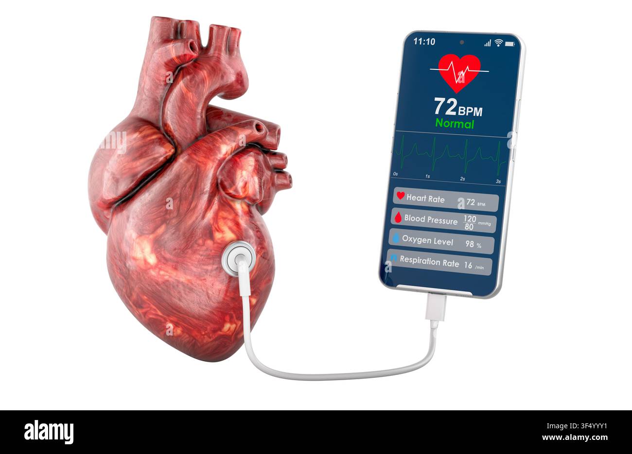 Cuore umano collegato a un'app di monitoraggio della salute sullo smartphone che mostra polso, pressione sanguigna, ossigeno e respirazione. Rendering 3D isolato su sfondo bianco Foto Stock