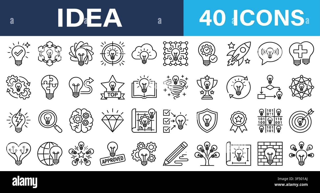 Set di 40 icone vettoriali in stile linea sottile relative a idee e innovazione Illustrazione Vettoriale
