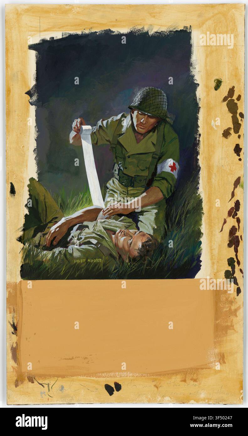 Un medico che benda un soldato ferito con una benda di stoffa, in un'illustrazione per un poster della Seconda Guerra Mondiale, creato da Robert Moore, un artista dell'Office of War Information. Foto Stock
