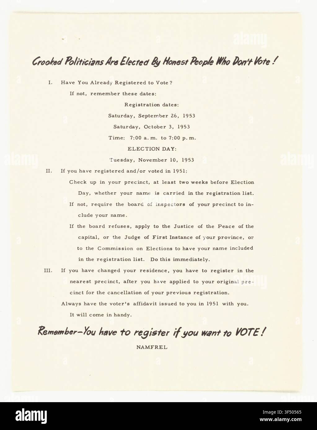 Un poster di propaganda intitolato "I politici disonesti sono eletti dalle persone che non votano", distribuito in Asia dall'U.S. Information Agency, come parte dei loro archivi. Foto Stock