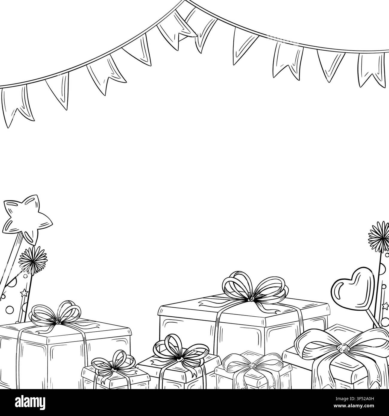 Set di icone minimaliste disegnate a mano per feste di compleanno, regalo di torta e palloncino in stile schizzo a inchiostro, isolato su sfondo bianco. Foto Stock