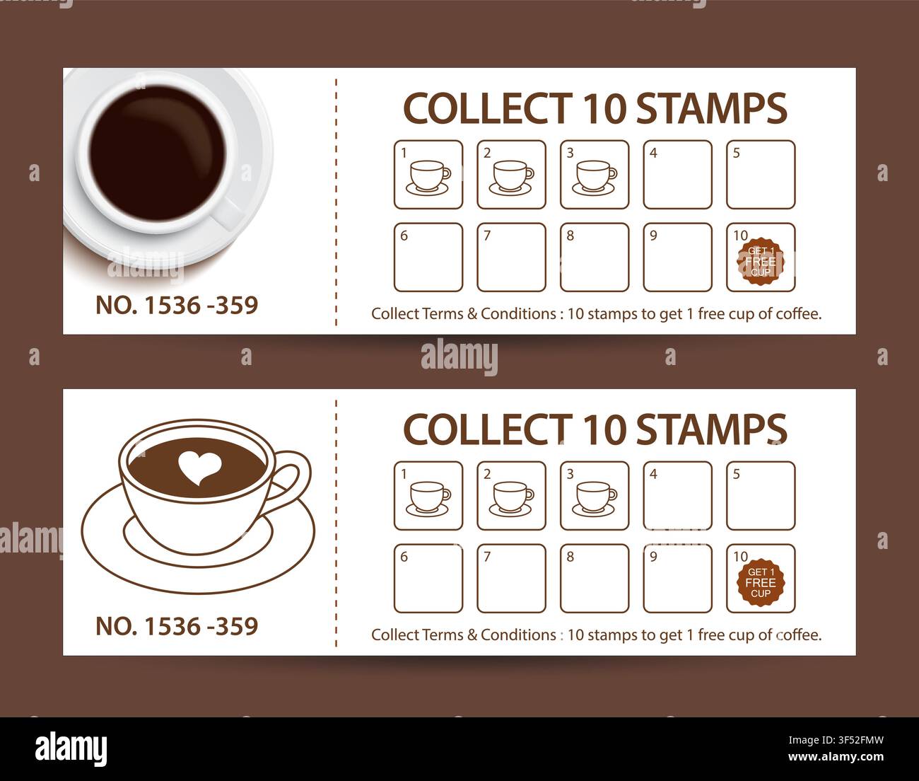 Buono sconto carta fedeltà con timbri caffè raccogli dieci timbri tazza gratuita caffè modello di ricompensa. Illustrazione Vettoriale