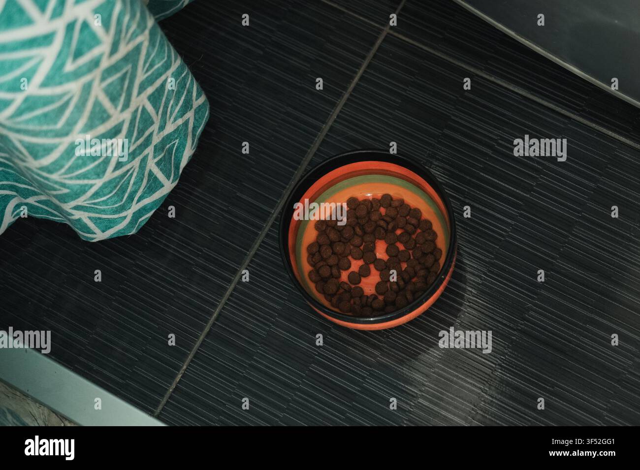 Ciotola in ceramica riempita con cibo secco per gatti posata sul pavimento della cucina a casa. Scena quotidiana della cura degli animali domestici che illustra la routine dell'alimentazione, la nutrizione e Foto Stock