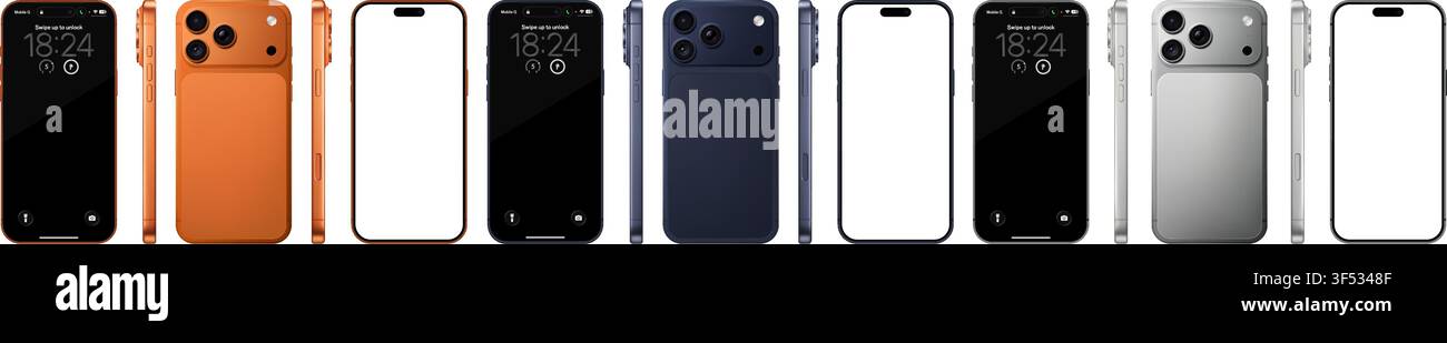 Pacchetto di mockup dettagliato per telefoni cellulari arancione, blu e argento. Vista frontale, laterale e posteriore isolata su sfondo trasparente. PNG vettoriale Illustrazione Vettoriale