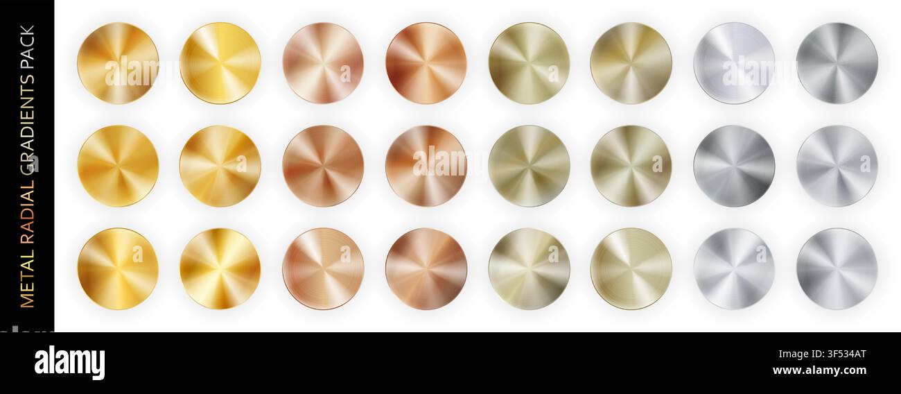 Confezione grande con gradiente radiale realistico in metallo cromato isolato su sfondo bianco con ombre. Oro, bronzo, rame, alluminio, nichel e argento Illustrazione Vettoriale
