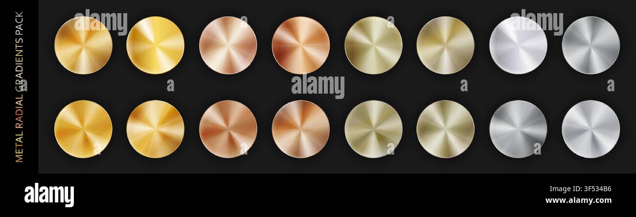 Confezione grande in metallo cromato con sfumatura radiale realistica, isolata su sfondo nero con ombre. Oro, bronzo, rame, alluminio, nichel e argento Illustrazione Vettoriale