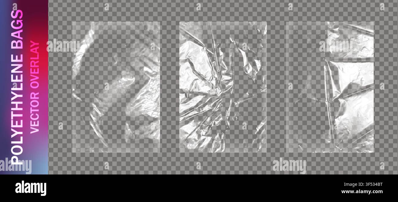 Set realistico di sacchetti di polietilene in plastica trasparente sovrapposti. Texture vinilica per imballaggio. Illustrazione vettoriale Illustrazione Vettoriale