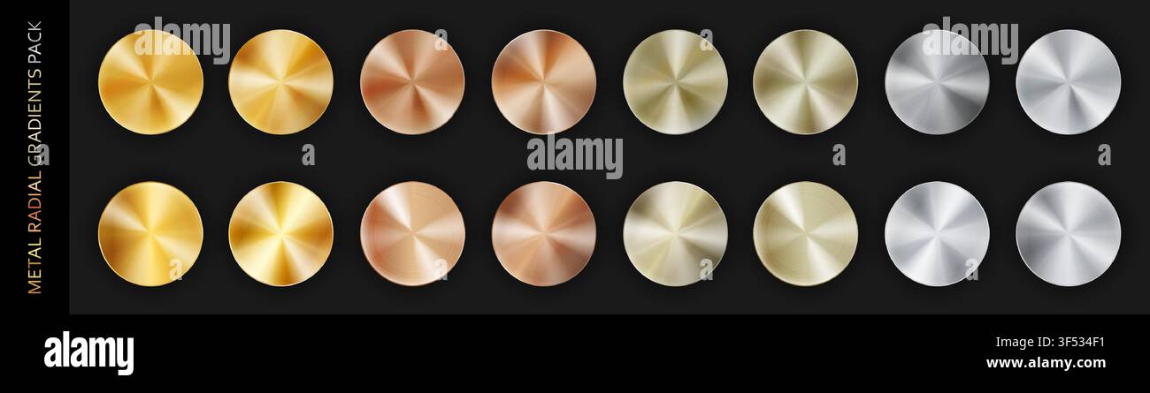 Confezione grande in metallo cromato con sfumatura radiale realistica, isolata su sfondo nero con ombre. Oro, bronzo, rame, alluminio, nichel e argento Illustrazione Vettoriale