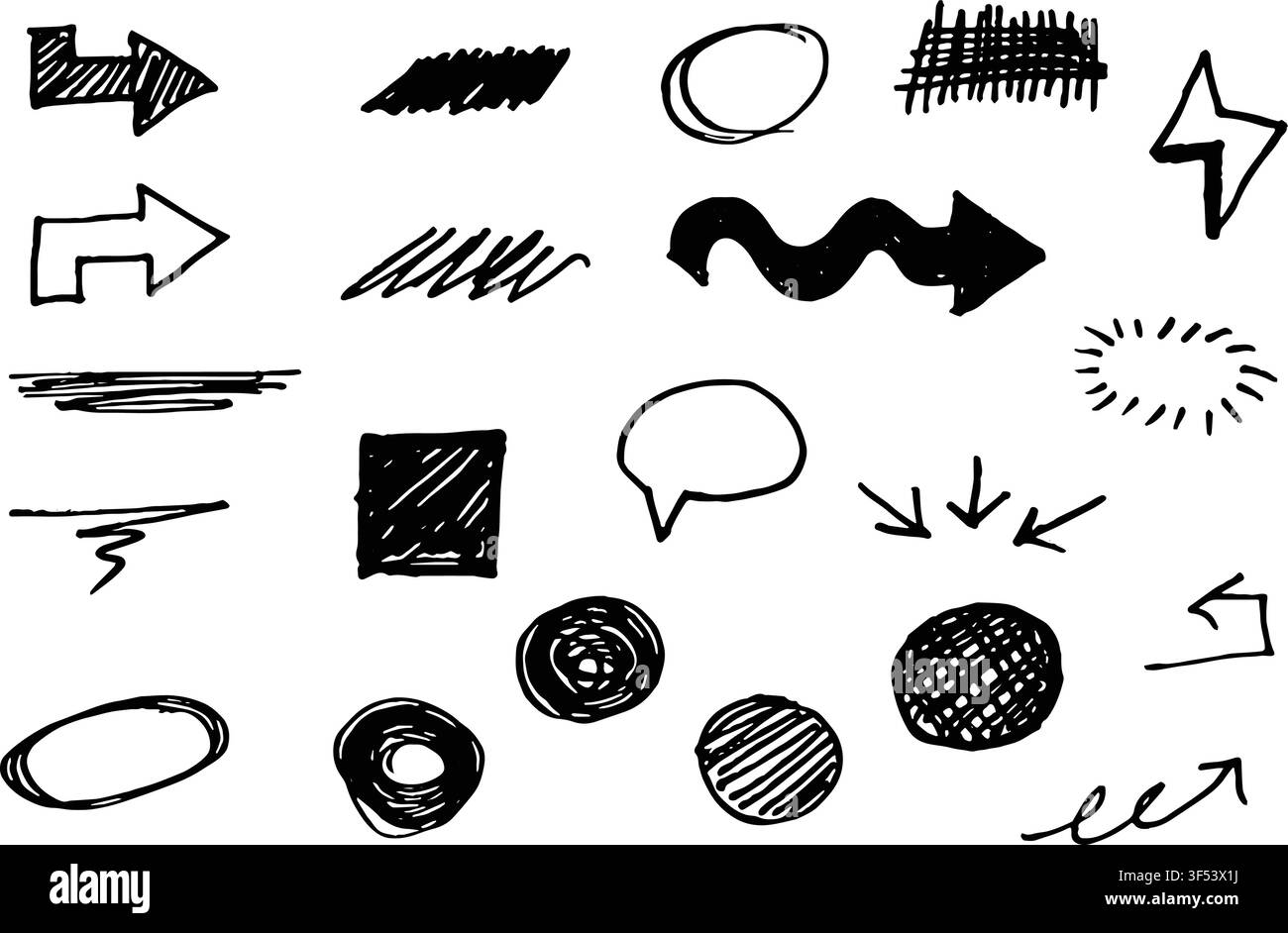 Una raccolta di elementi grafici disegnati a mano, tra cui frecce, linee, forme e texture. Questi grafici vettoriali versatili possono essere utilizzati per presentazioni Illustrazione Vettoriale
