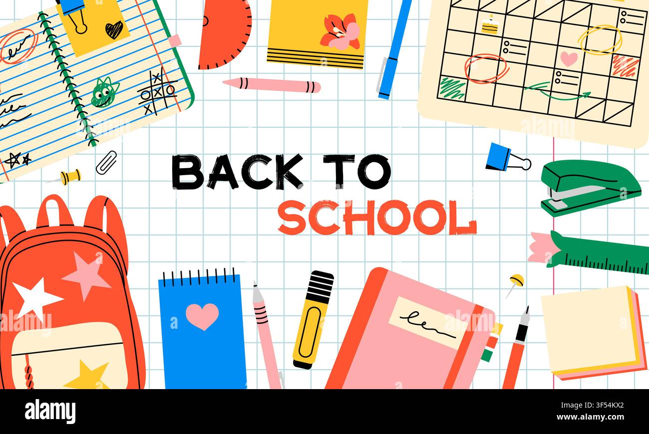 Banner Ritorno a Scuola con forniture Illustrazione Vettoriale
