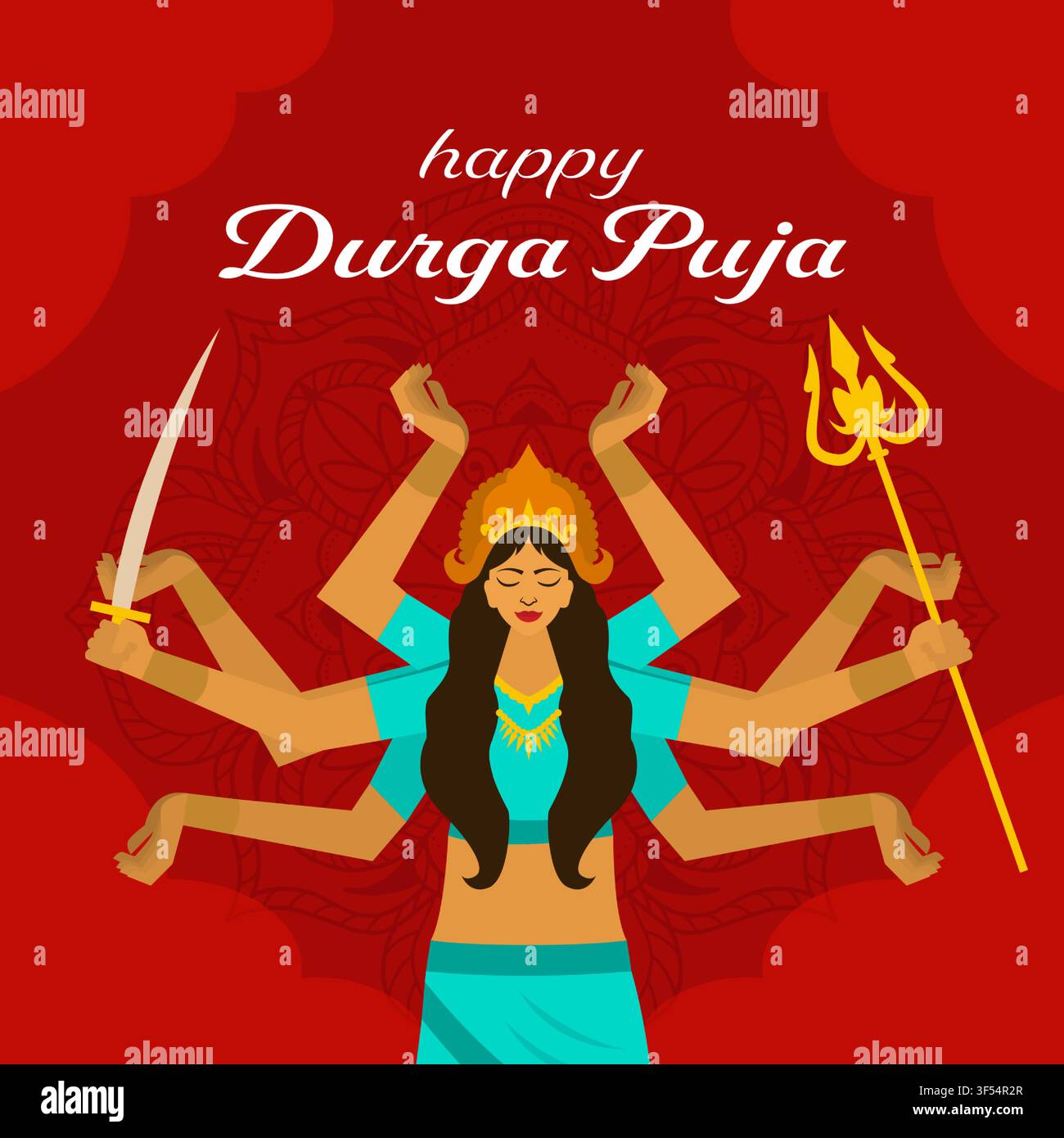 Design di banner quadrato per il felice festival di Durga Puja con la dea Durga Illustrazione Vettoriale