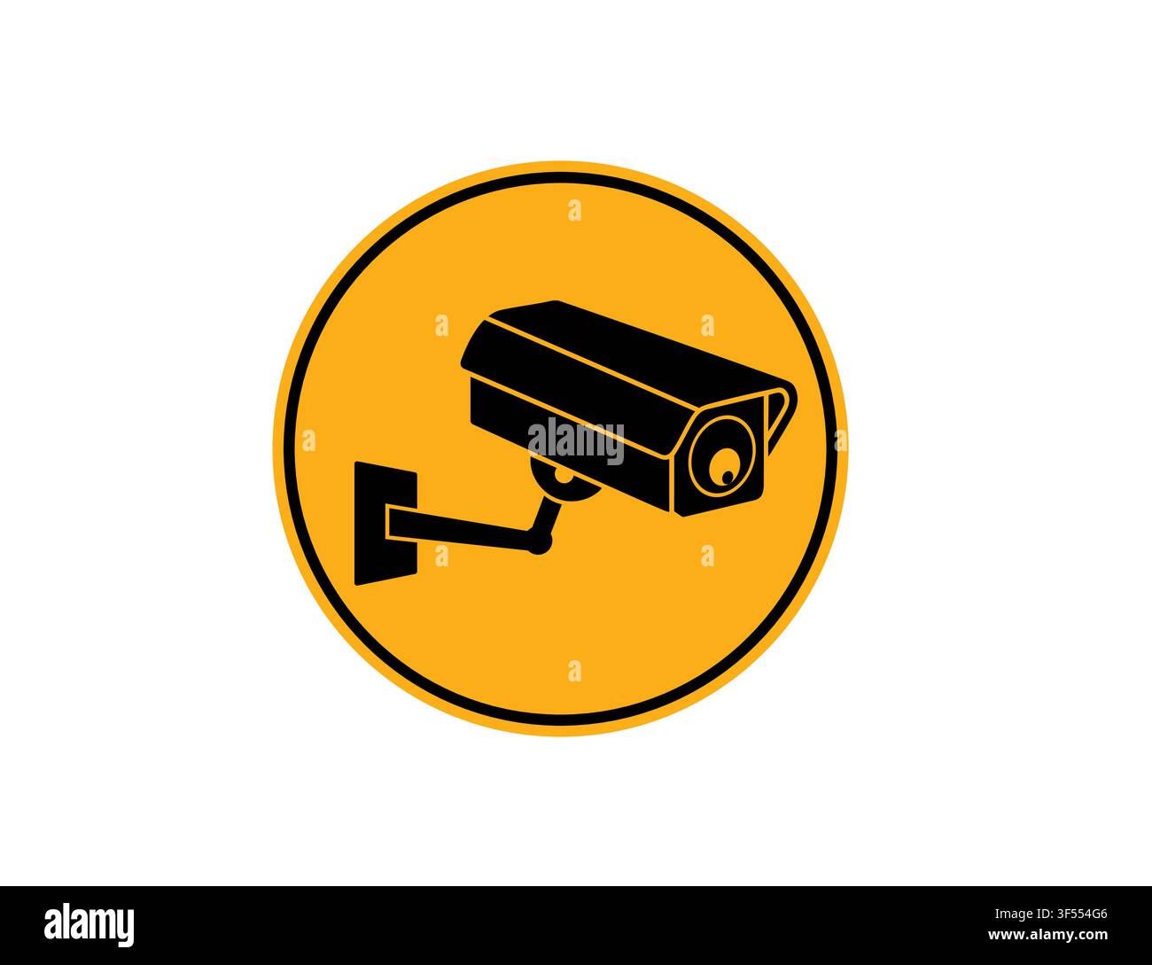 Icona di telecamera di sorveglianza in cerchio di avvertimento giallo Segnale di telecamera di sicurezza CCTV per monitoraggio e protezione. Illustrazione Vettoriale