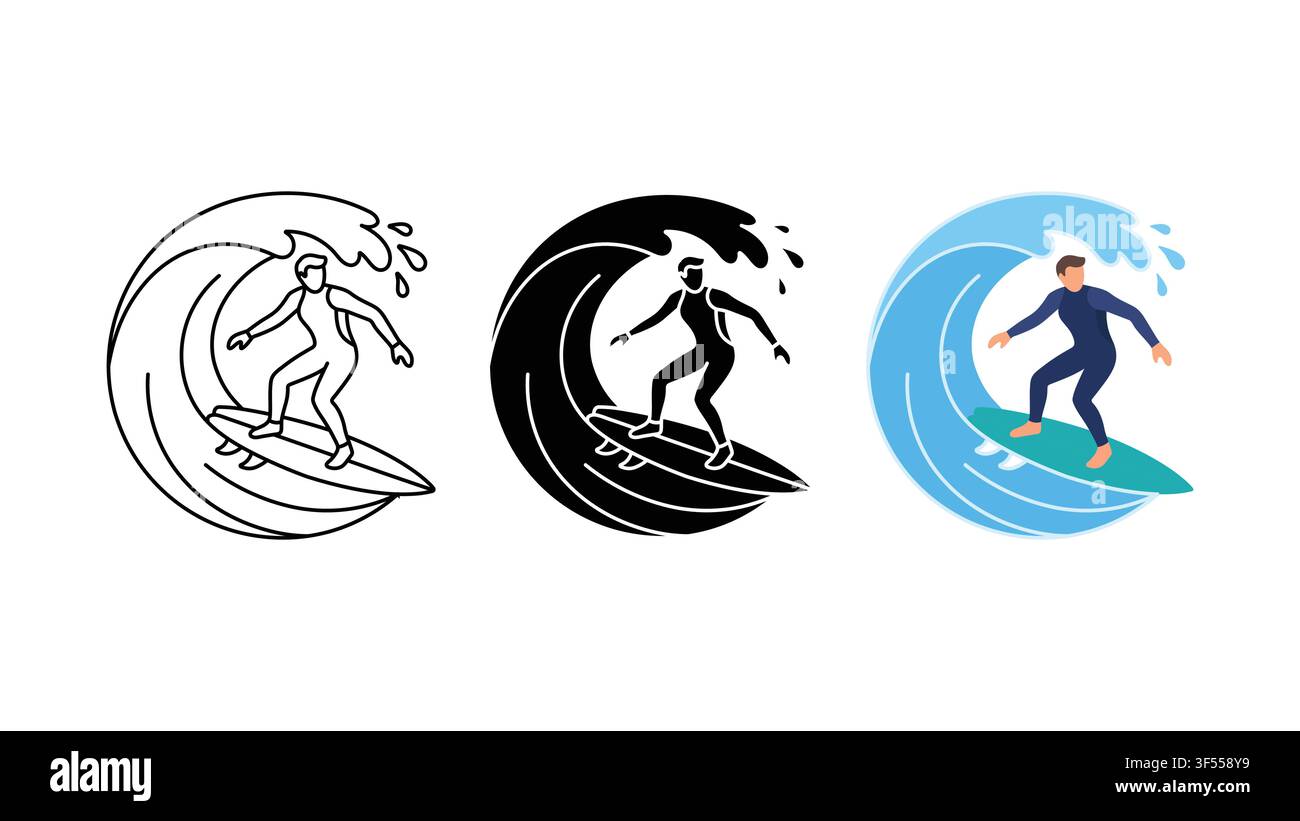 Set di icone di surfista su un'onda da surf silhouette a contorno e vettore colorato isolato su sfondo bianco Illustrazione Vettoriale