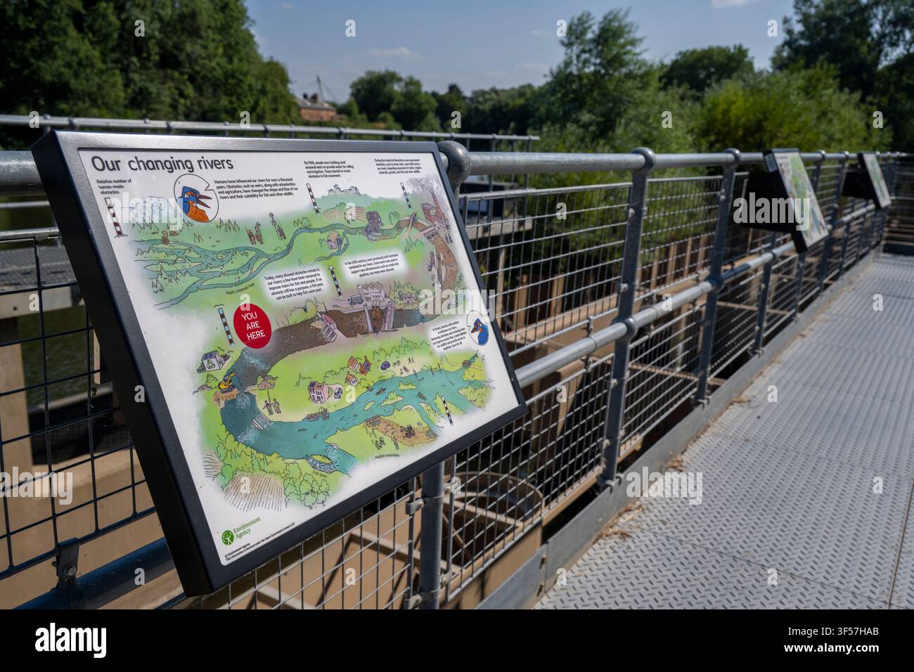 Worcester, Inghilterra, Regno Unito - 15 luglio 2026: Segnaletica descrittiva con informazioni sul fiume per i visitatori in una giornata estiva, accanto al canale d'acqua al Fish Pass Drop-in Foto Stock