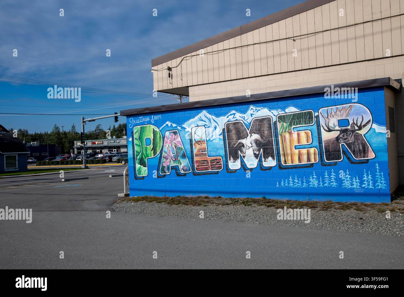 Palmer, Alaska. Insegna di benvenuto colorata della città. Foto Stock