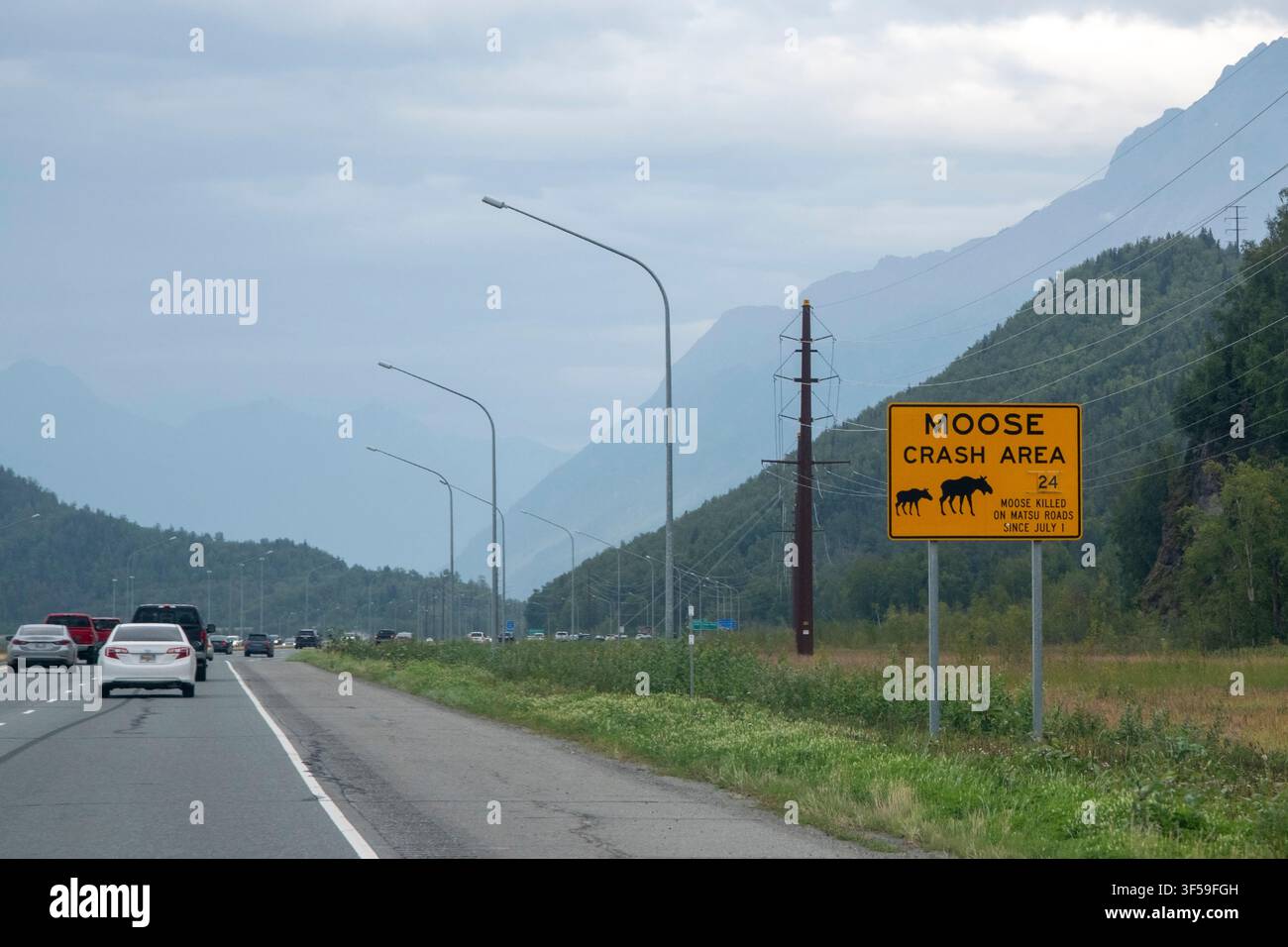 Un cartello di avvertimento per un'area di incidente con alce sull'autostrada diretta a Palmer, Alaska Foto Stock