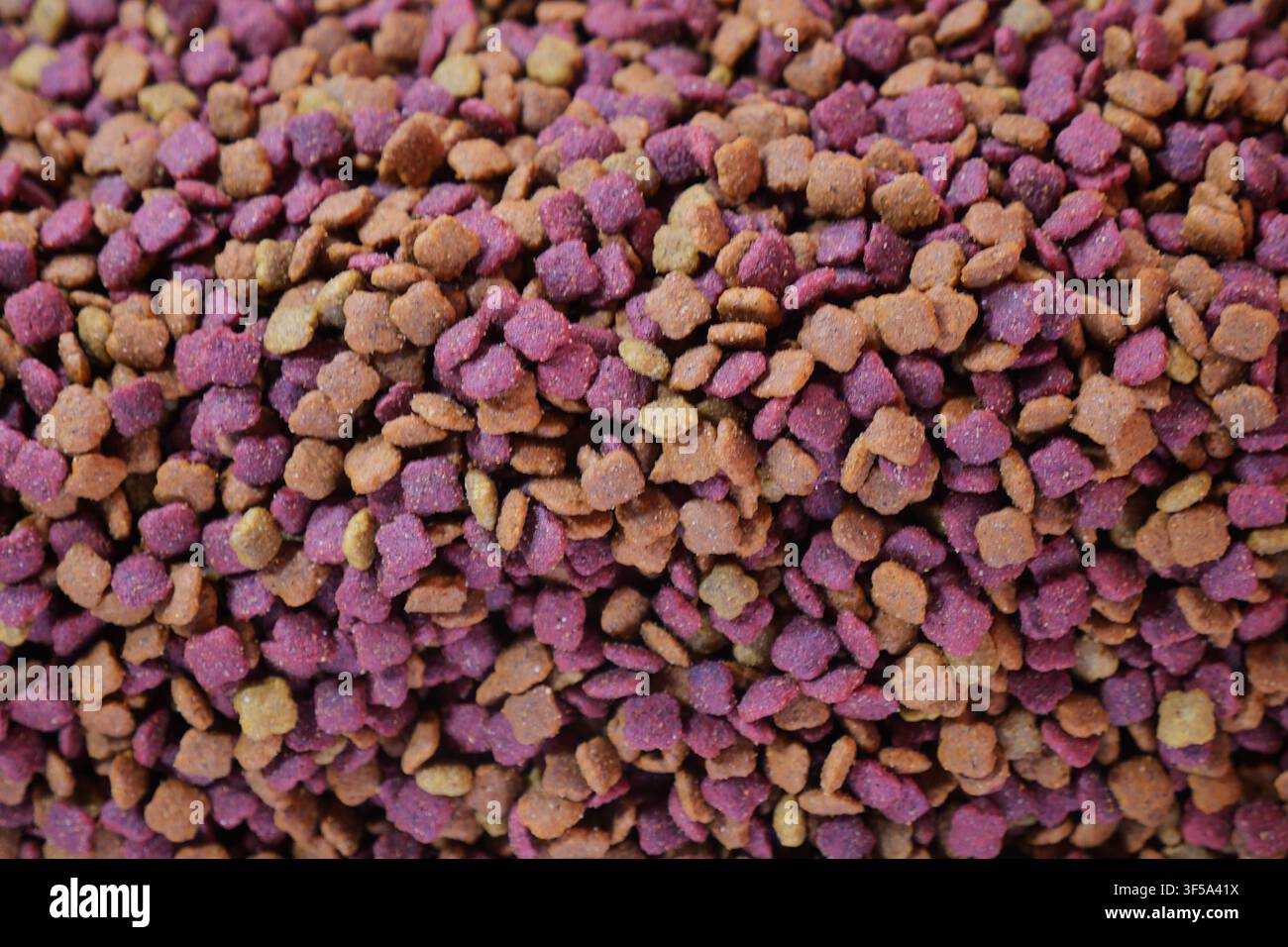 Cibo per animali di vari colori impilato in un mucchio Foto Stock