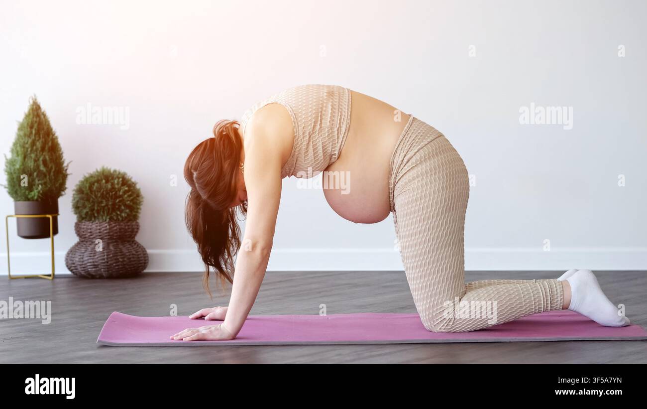 Donna incinta che pratica stretching prenatal yoga a casa Foto Stock