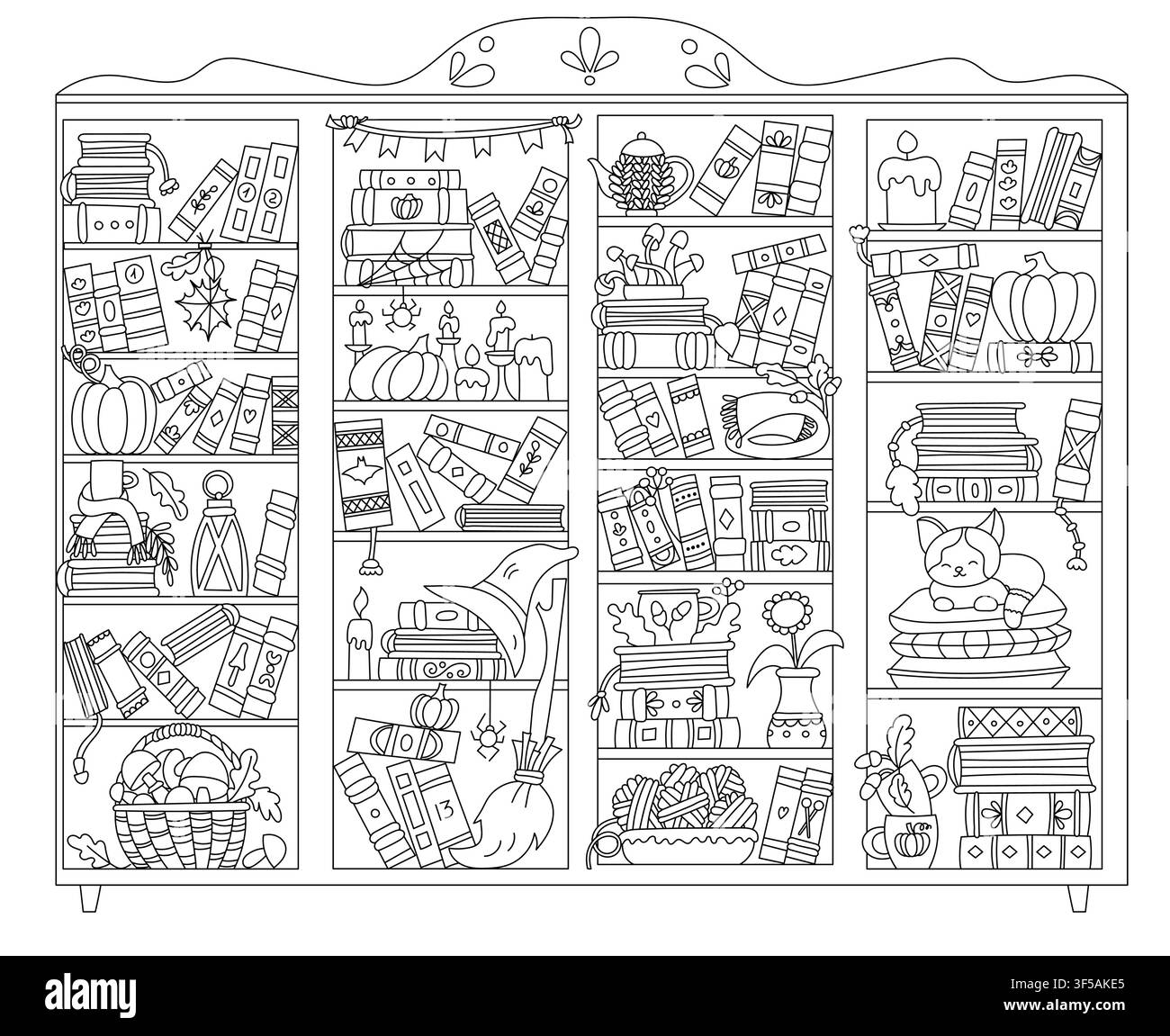 Libreria con libri a tema autunnale e libro da colorare per adulti e bambini Illustrazione Vettoriale