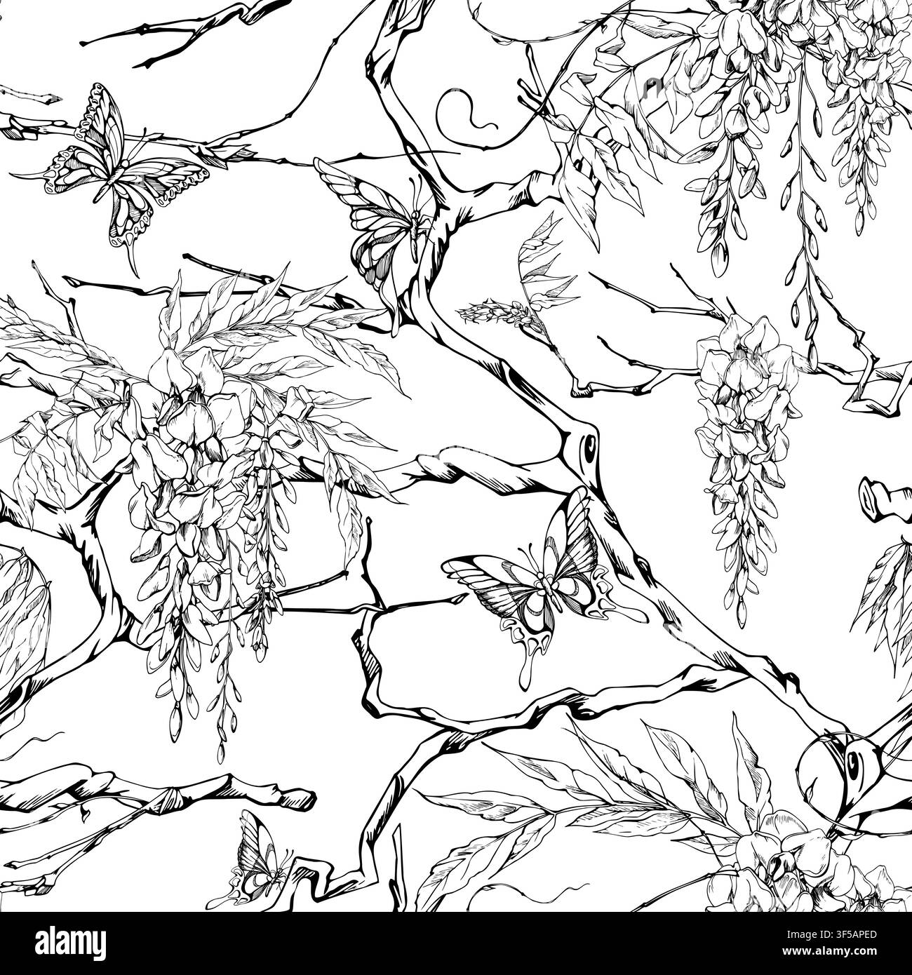 Fiori di glicine, foglie piumate, curve di tendoni ornamentali, rami attorcigliati, farfalle volanti. Illustrazione di motivo floreale senza cuciture isolato Illustrazione Vettoriale
