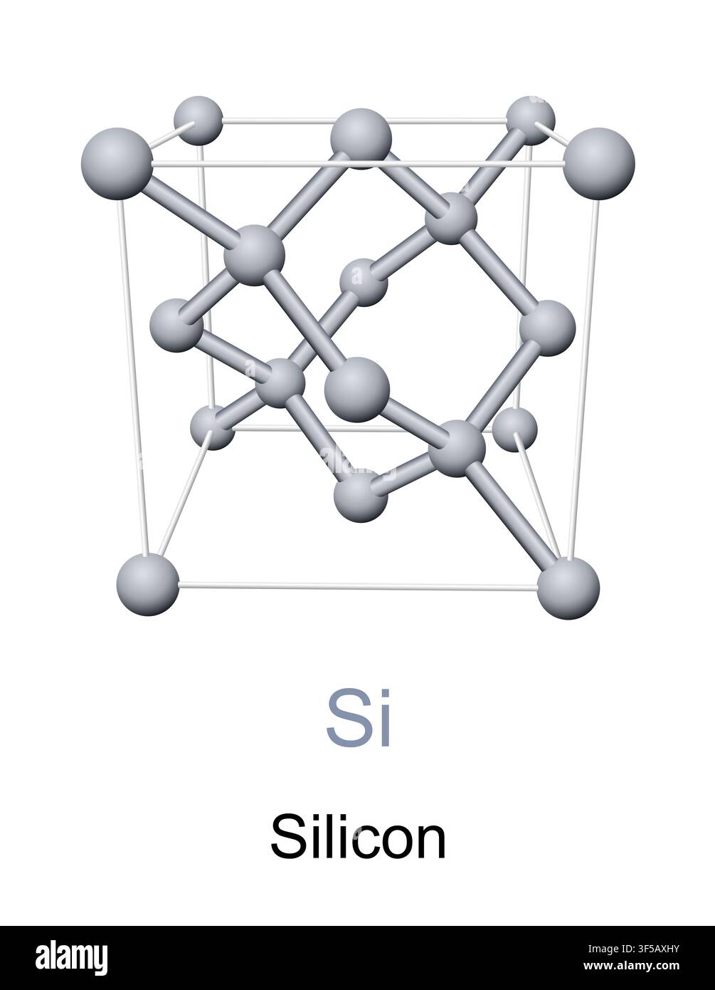 Silicio, Si, cella unitaria con struttura cristallina cubica diamante, usata come semiconduttore. La base dell'elettronica moderna per la produzione di microchip ecc. Foto Stock