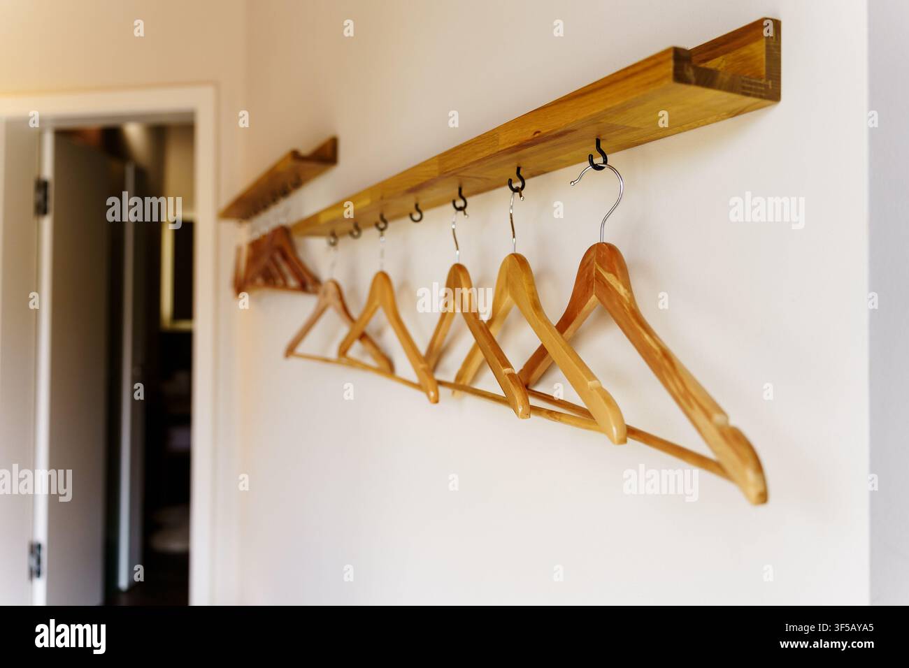 Filiera di appendiabiti in legno vuoti appesi a una guida montata a parete in un appartamento moderno e minimalista luminoso. Organizzazione dello stoccaggio della guardaroba, design d'interni scandinavo, armadio con guida per vestiti, casa ordinata Foto Stock