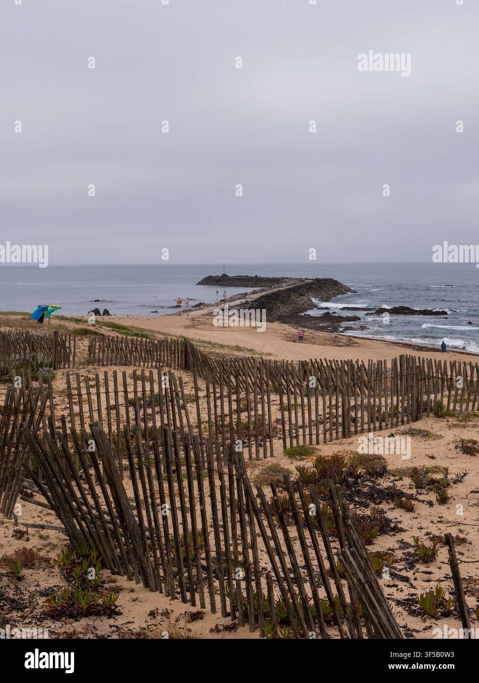 Recinzione in legno eroso delle dune e vegetazione dunale sopra una spiaggia con frangiflutti roccioso e faro sotto un cielo nuvoloso, costa atlantica, Portogallo Foto Stock