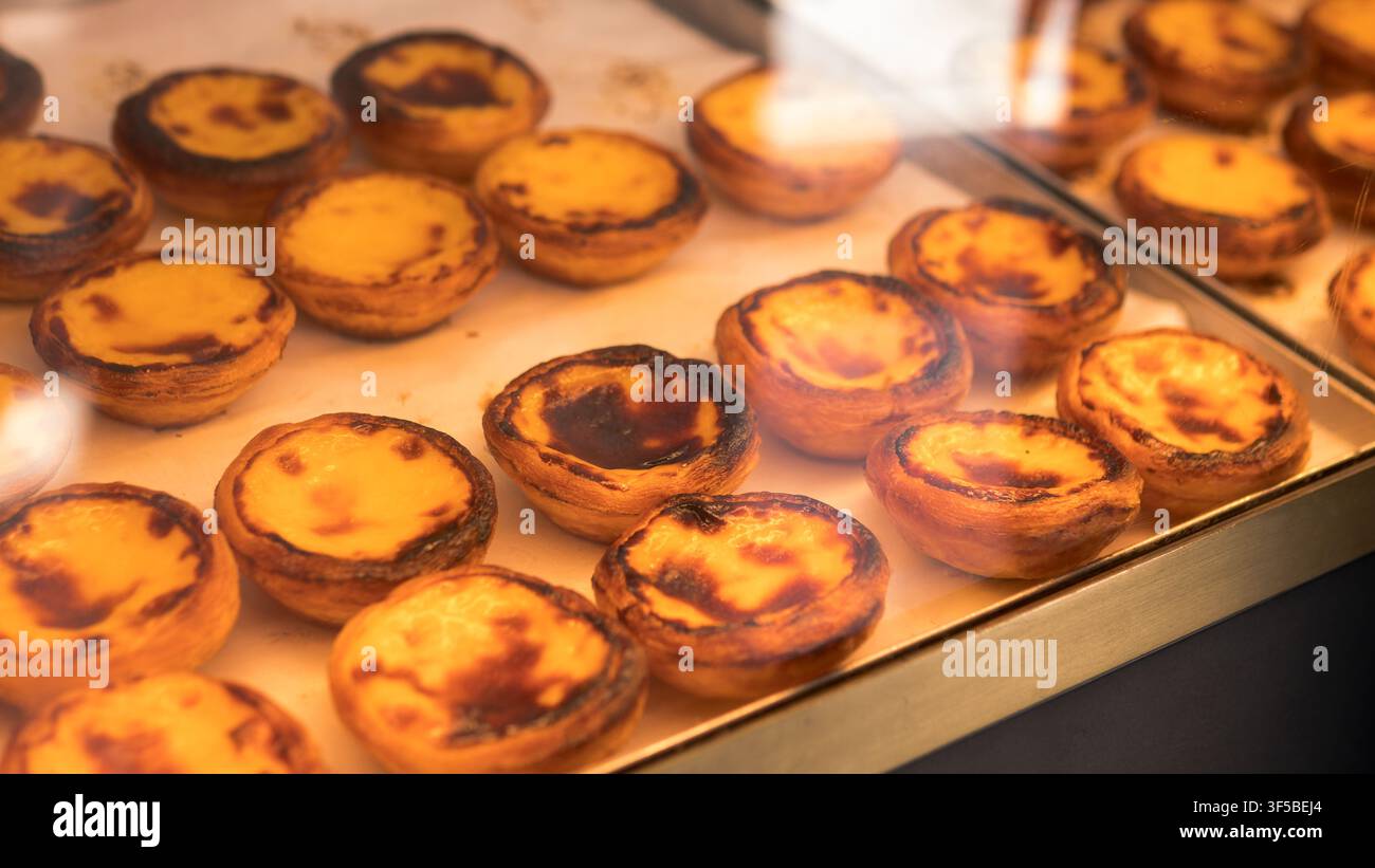 File di pastéis de nata appena sfornati in una vetrina di pasticceria, primo piano di torte alla crema — concetto: pasticceria portoghese, pasticceria tradizionale, Lisbona e Porto Foto Stock