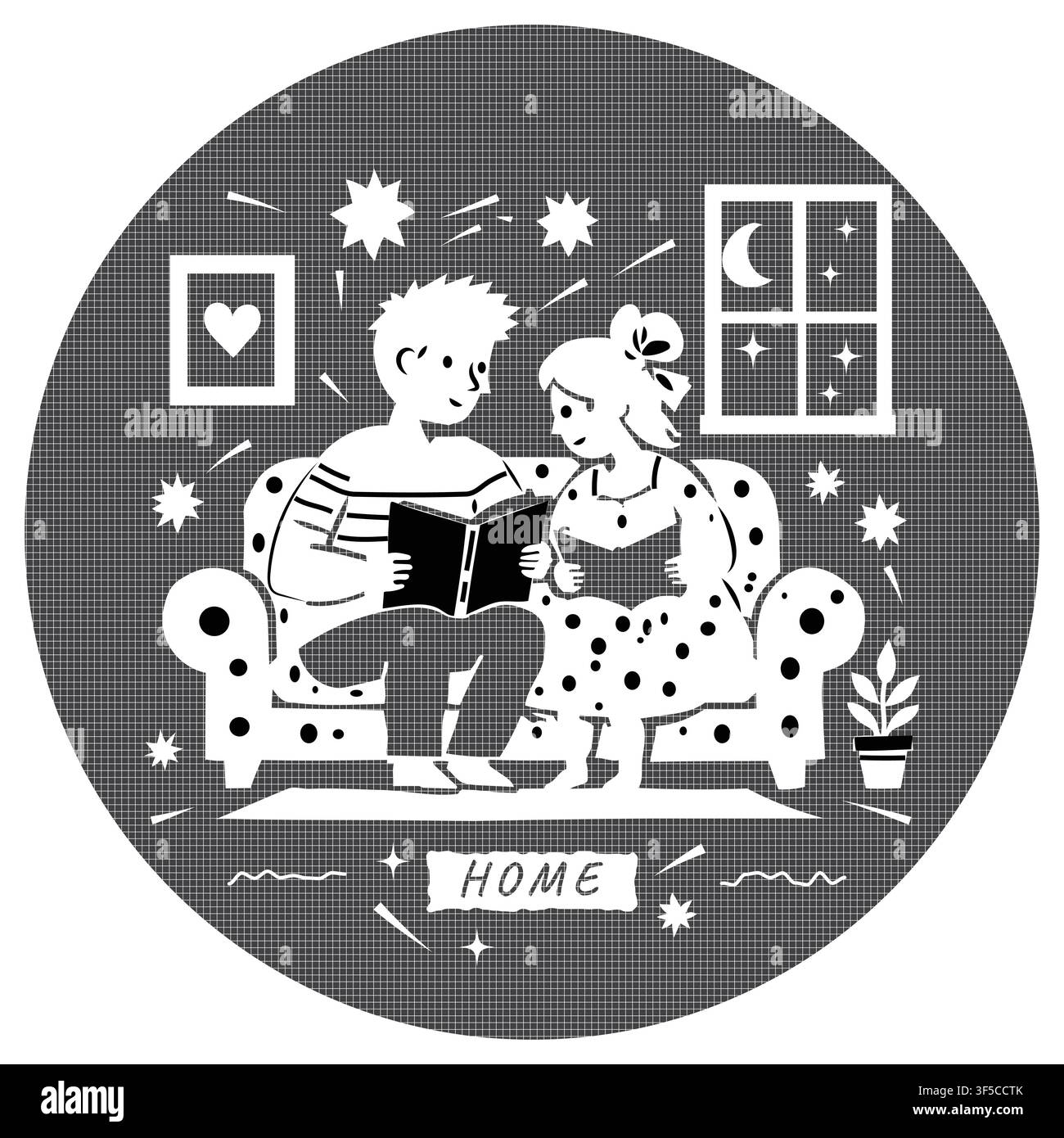 Illustrazione minimalista in bianco e nero nello stile di papercut di una famiglia che legge insieme su un divano accogliente. Atmosfera calda della casa con stelle, finestra illuminata dalla luna, un Illustrazione Vettoriale